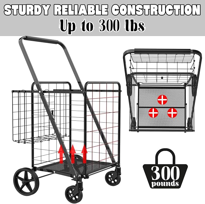 Foldable Shopping Cart with Waterproof Bag, Swivel Wheels & Double Basket | - Image 2
