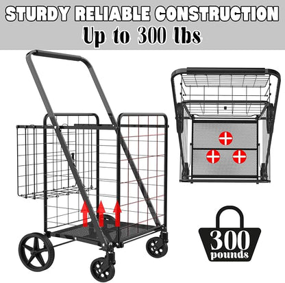 Foldable Shopping Cart with Waterproof Bag, Swivel Wheels & Double Basket | - Image 2