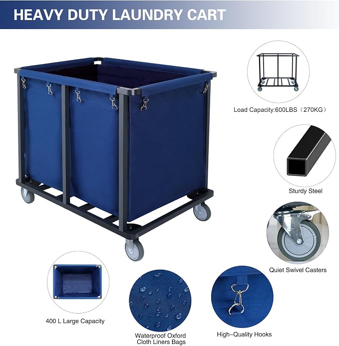 Commercial Laundry Cart with Wheels, 400L Blue | 600 lbs Industrial Laundry Cart - Image 4
