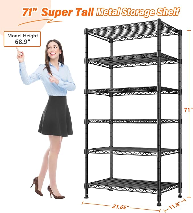 REIBII 6 Tier Shelf Metal Shelving 70"H Storage Shelves Sturdy Wire Rack Shelf - Image 3