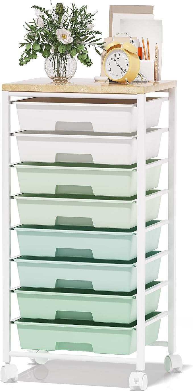 Rolling Cart with 8 Drawers, Storage Drawers Cart with Wooden Tabletop and - Image 9