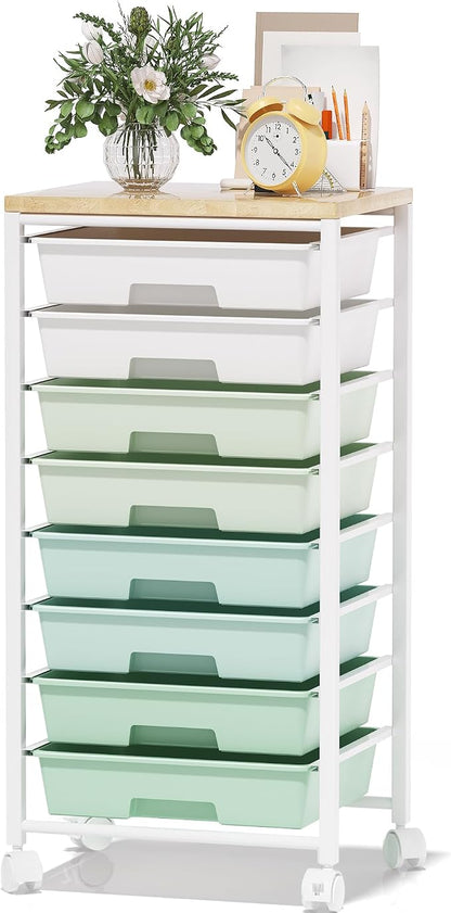 Rolling Cart with 8 Drawers, Storage Drawers Cart with Wooden Tabletop and - Image 9