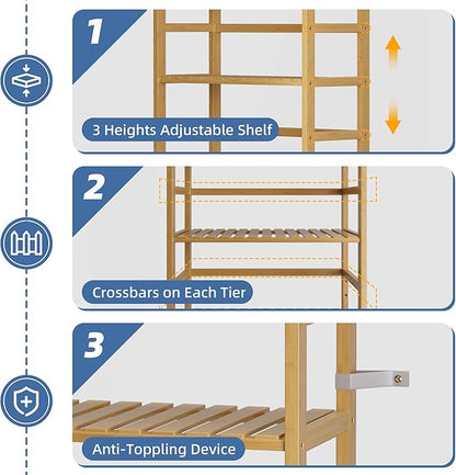 HITNET Bamboo Shelf, 6-Tier Adjustable Tall Open Bookcase, Bathroom Storage - Image 6