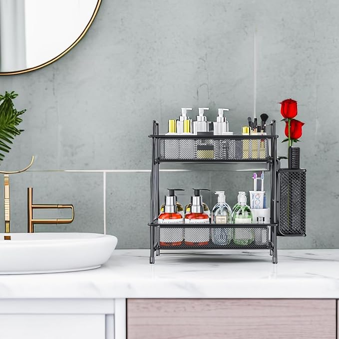 Bathroom Organizer with Basket, 2-Tier Bathroom Tray - Image 2