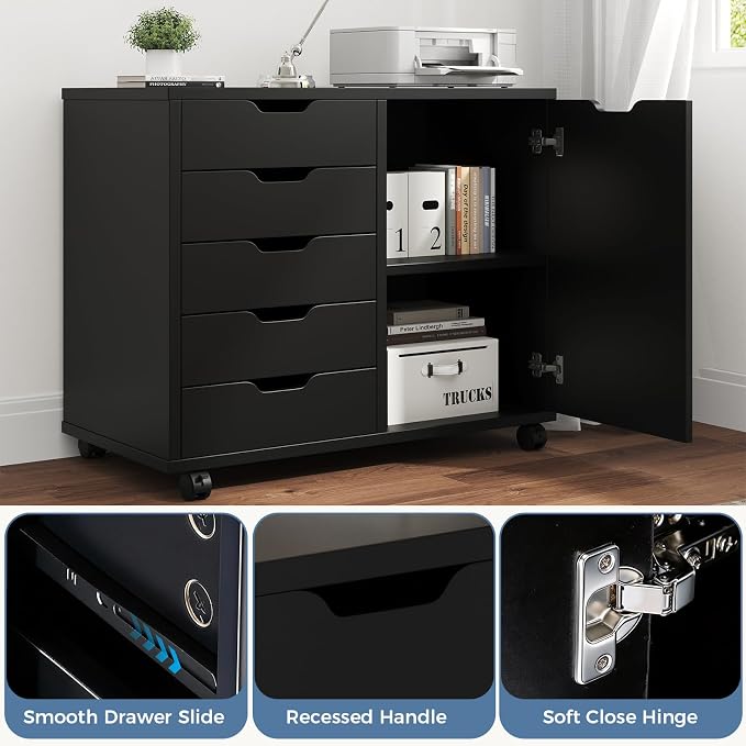 DUMOS 5-Drawer Mobile File Cabinet, Wooden Printer Stand - Image 6