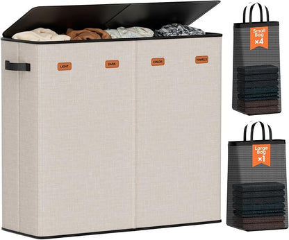 Laundry Hamper 4-Section with Lid, 185L Laundry Sorter with 4 Removable Bags + by Vexalora