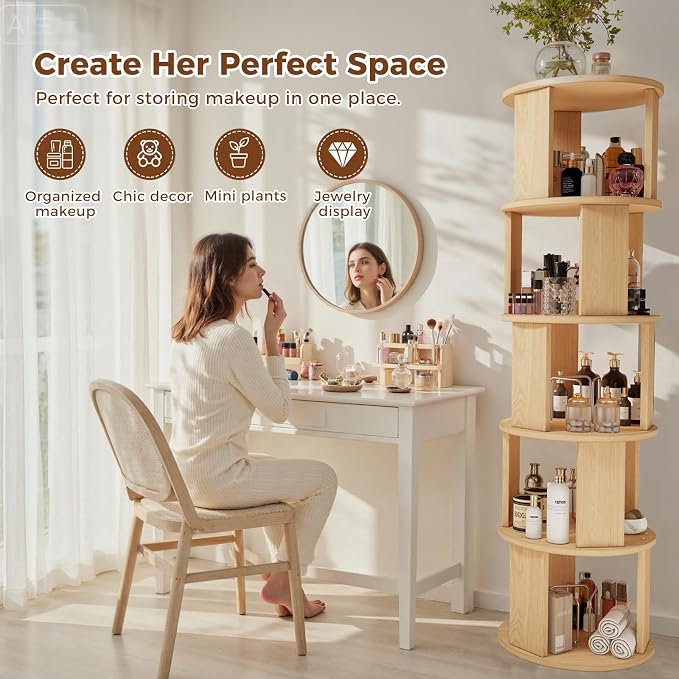 5 Tier Rotating Bookshelf Tower, 360° Display Round Bookcase, Floor Standing - Image 7