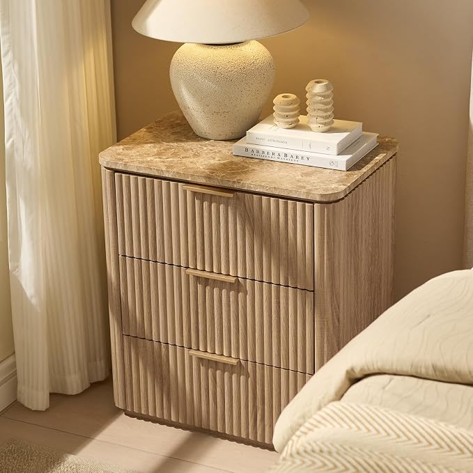 Fluted Nightstand with 3 Drawers, Engineered Wood Bedside Table with Faux - Image 5