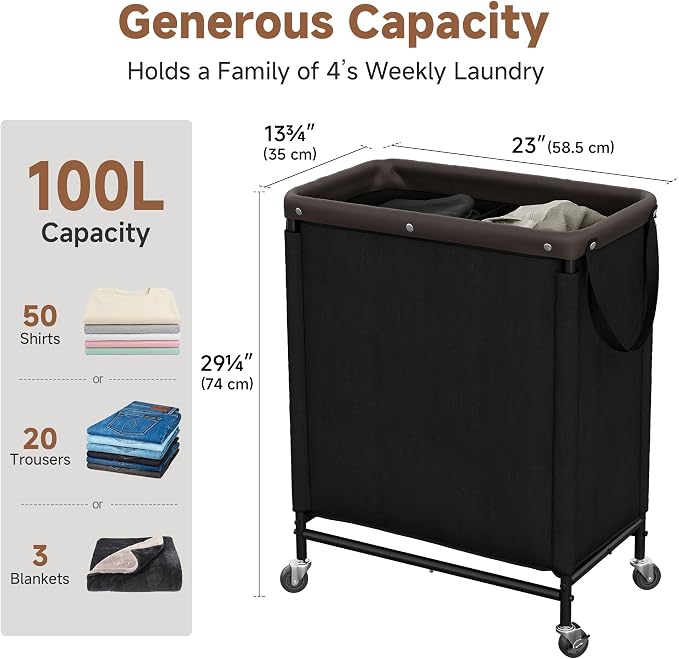 StorageWorks 2 Section Laundry Hamper, 100L Black Sorter Cart - Image 3