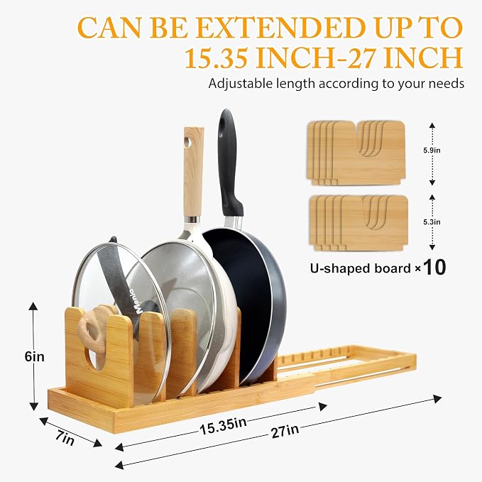 MinBoo Bamboo Expandable Pot Lid Organizer, Pot and Pan Organizer Drawer - Image 3