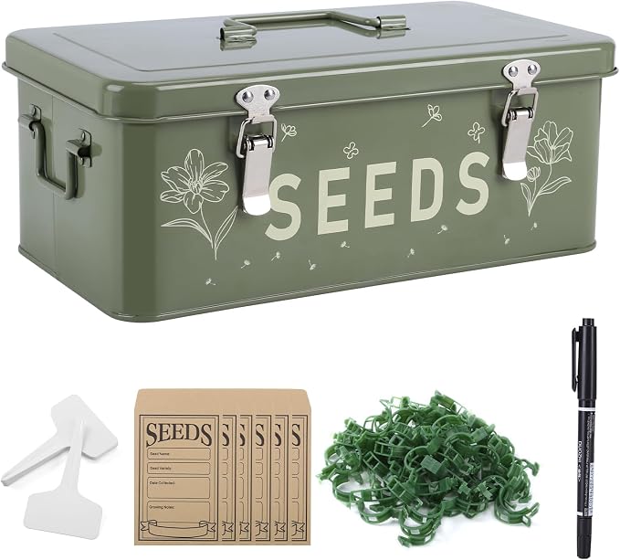 Seed Storage Organizer with Lid, Metal Seed Bin Seed Packet Container with 100 by Cinpode