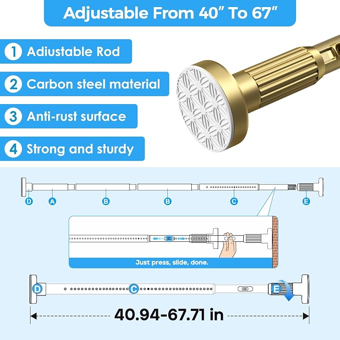AIZESI 41-67 Inch Heavy Duty Gold Tension Curtain Rod - Image 2