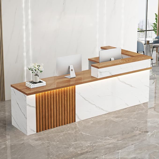Receptionist Desk with LED Light，Wooden Salon Checkout Counter with Storage by Unknown