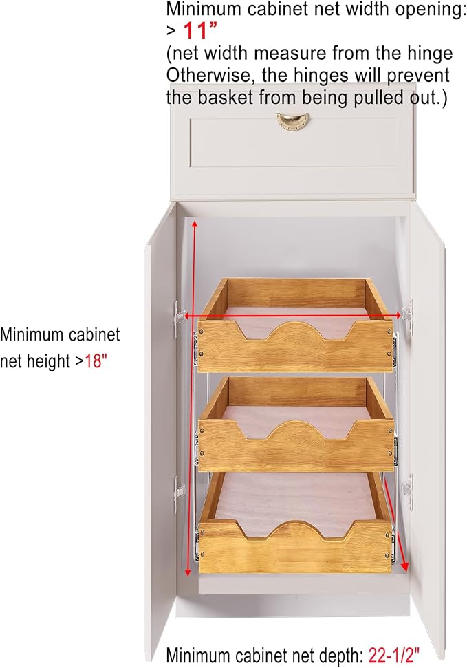 DINDON 3 Tier Pull Out Cabinet Organizer 11” W X21” D Slide Out Wood Drawer - Image 3