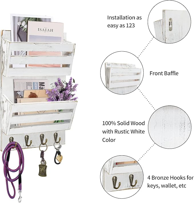 Unistyle Mail Holder with Key Hooks Mail Organizer Wall Mount Hanging Mail - Image 4