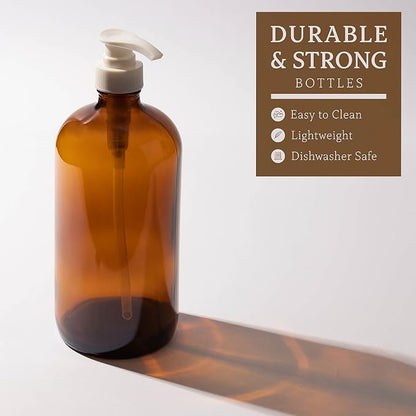 32 Ounce Glass Pump Dispenser Bottle, Large Amber Container - Image 3