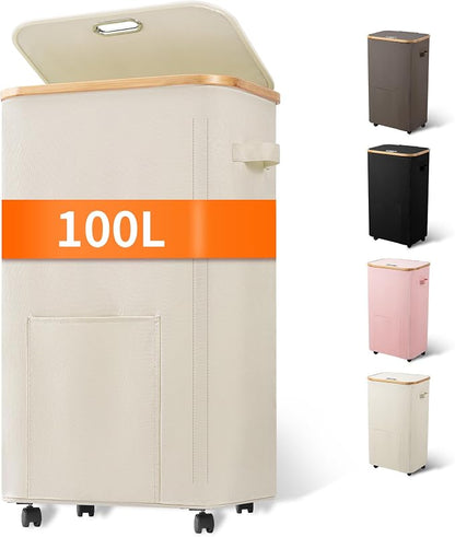 Vincona Laundry Basket with Wheels, Tall Dirty Clothes Hamper on Wheels by Vincona