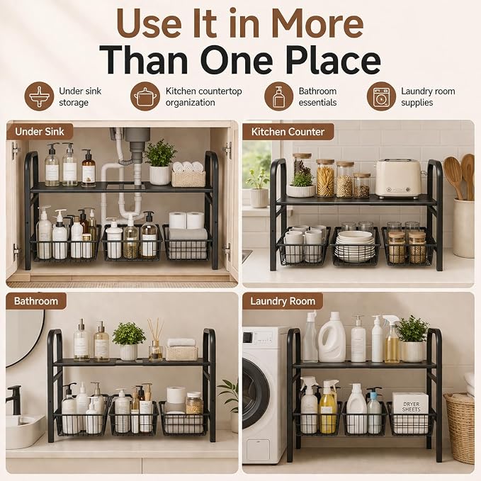 Under Sink Organizer, Expandable 2 Tier Storage Rack, 26.8" to 35.8" Adjustable - Image 8