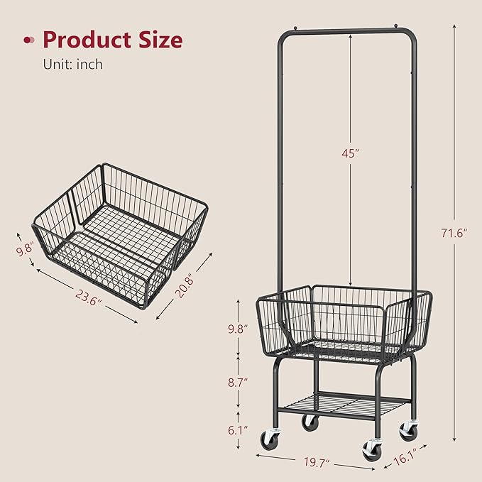 Tajsoon Laundry Cart with Hanging Rack, Metal Laundry Basket with Wheels - Image 7