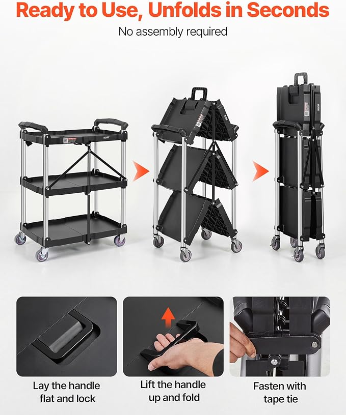VEVOR Foldable Utility Service Cart, 165LBS 3 Shelf Heavy Duty Plastic Rolling - Image 7
