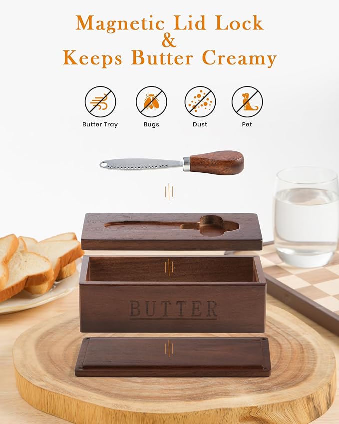 Butter Dish with Magnetic Lid, Acacia Wood Butter Keeper With Knife, Detachable - Image 2