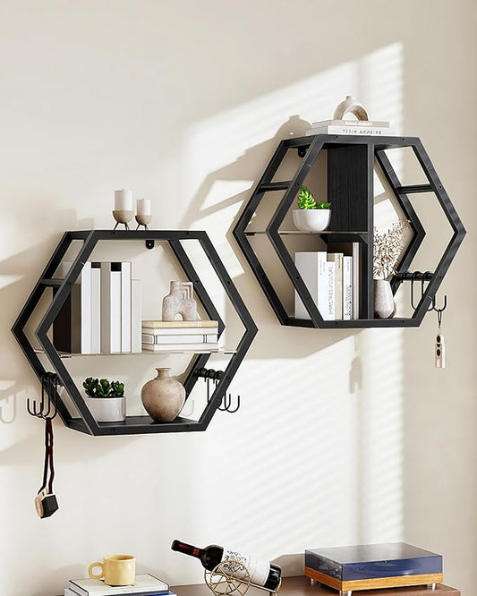 Hexagon Floating Shelves Set of 2, Glass Hanging Shelves by Choezon