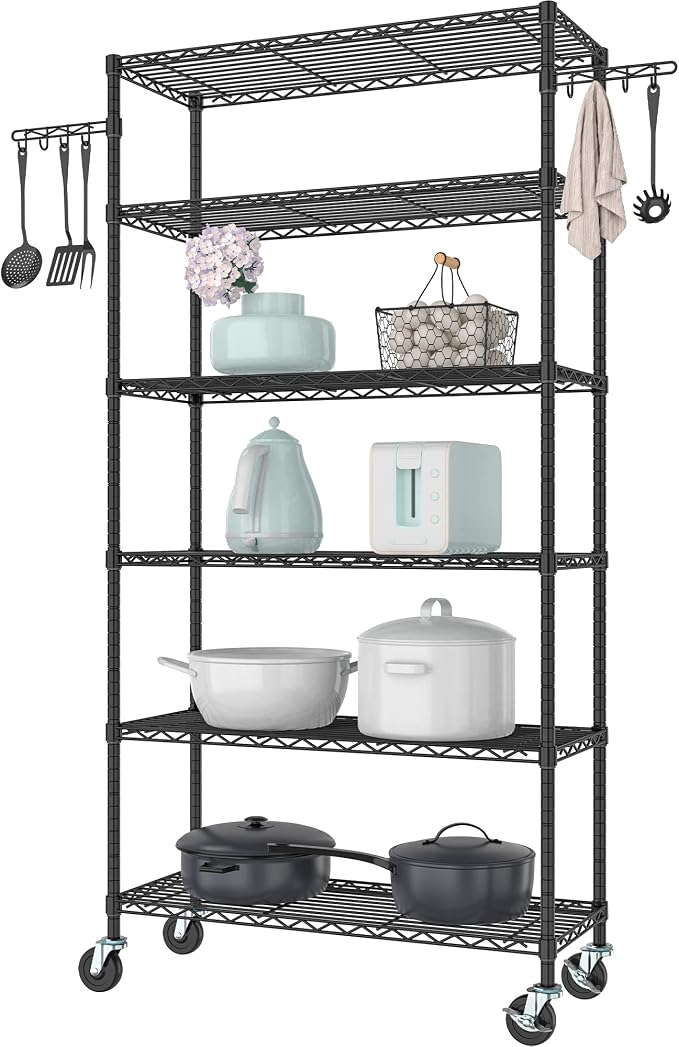 6-Tier Metal Storage Rack with Wheels, Sturdy Adjustable Wire Shelving Unit by Folews