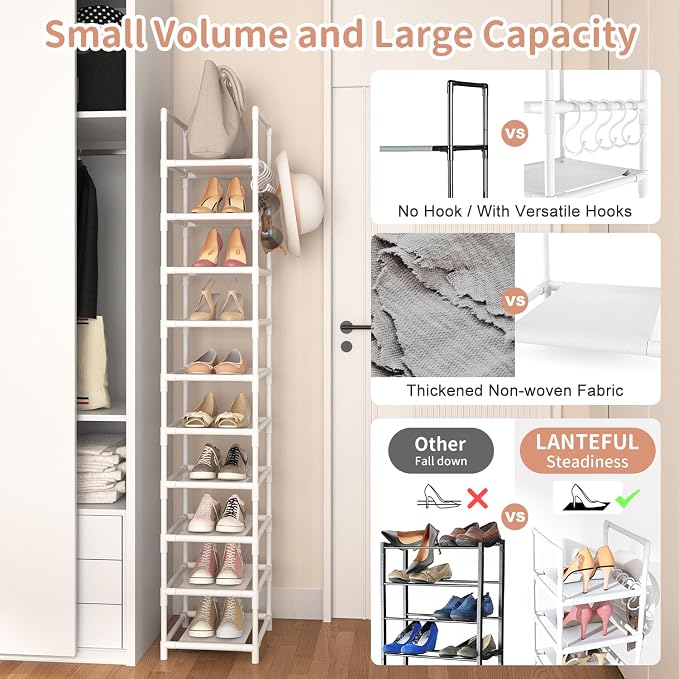 LANTEFUL Tall Narrow Shoe Rack 10-Tier Skinny Shoe Shelf Storage - Image 6