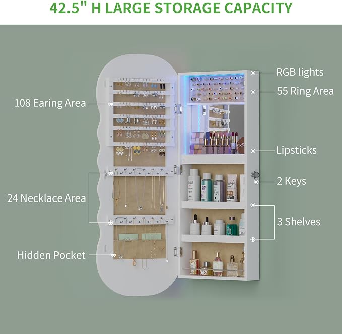 HNEBC LED Mirror Jewelry Cabinet - Image 7