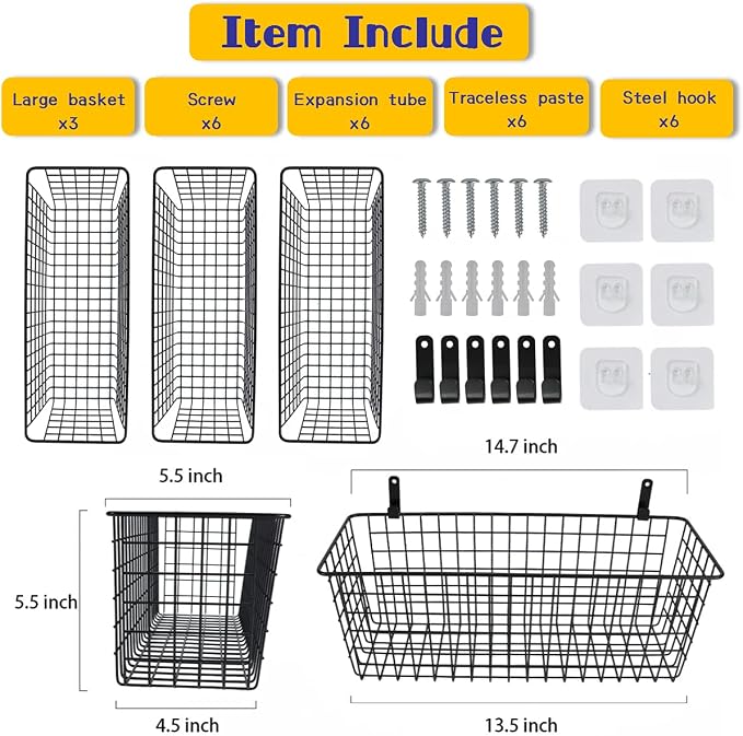 Joben Oligey 3 Set Hanging Wall Baskets, Wire Basket - Image 2