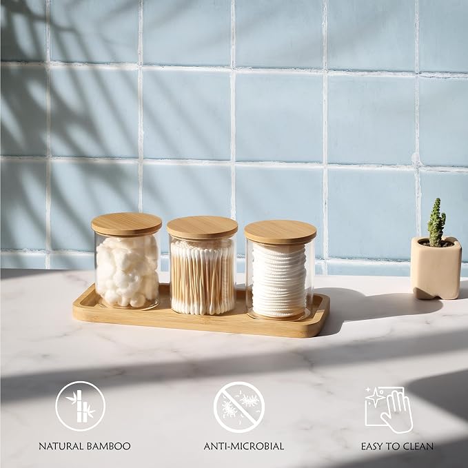 Qtip Holder with Vanity Tray, 3 Pack Glass Apothecary Jars with Lids, Bathroom - Image 2