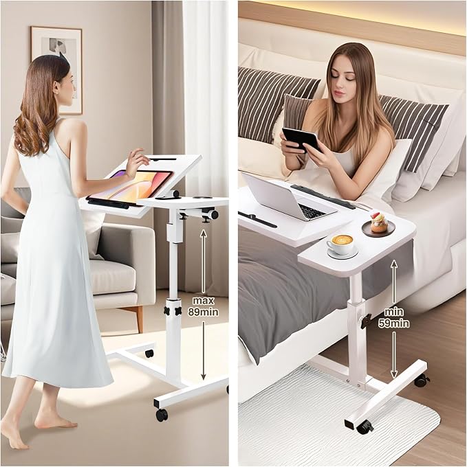 Overbed Table with Wheels Adjustable Height, Tiltable Desktop with Tray - Image 7