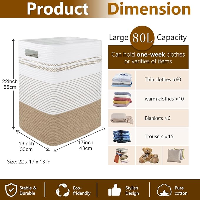 Laundry Hamper, Large Woven Rope Tall Laundry Basket - Image 6