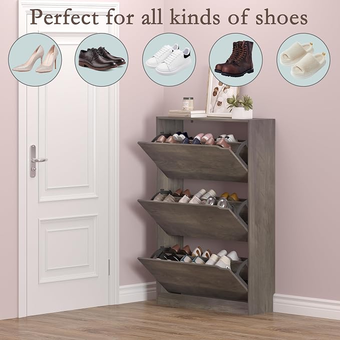BORNOON Shoe Cabinet with 3 Flip Drawers, Hidden Wood Shoe Cabinet, - Image 4