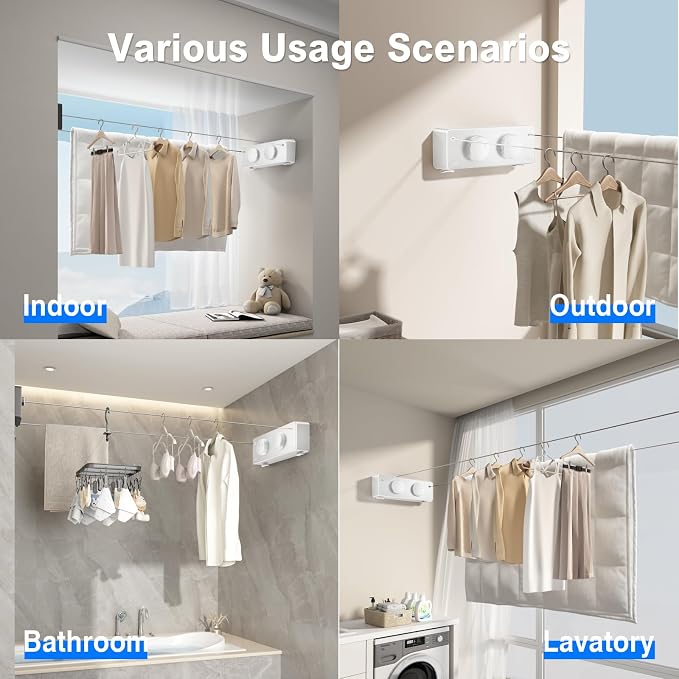 Retractable Clothesline Indoor, Non-Sagging Twin Clothes Line Retracting - Image 5