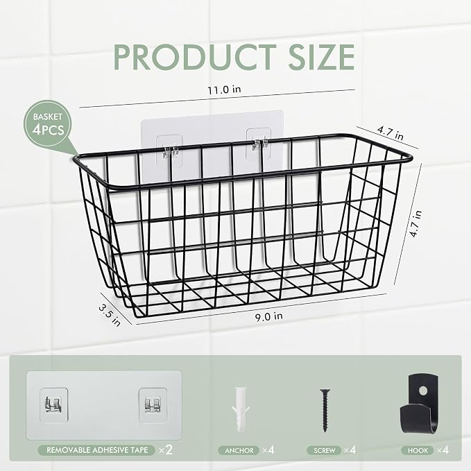 Wire Hanging Wall Basket, 4 Black Metal Baskets, Adhesive Cabinet Organizer | - Image 2