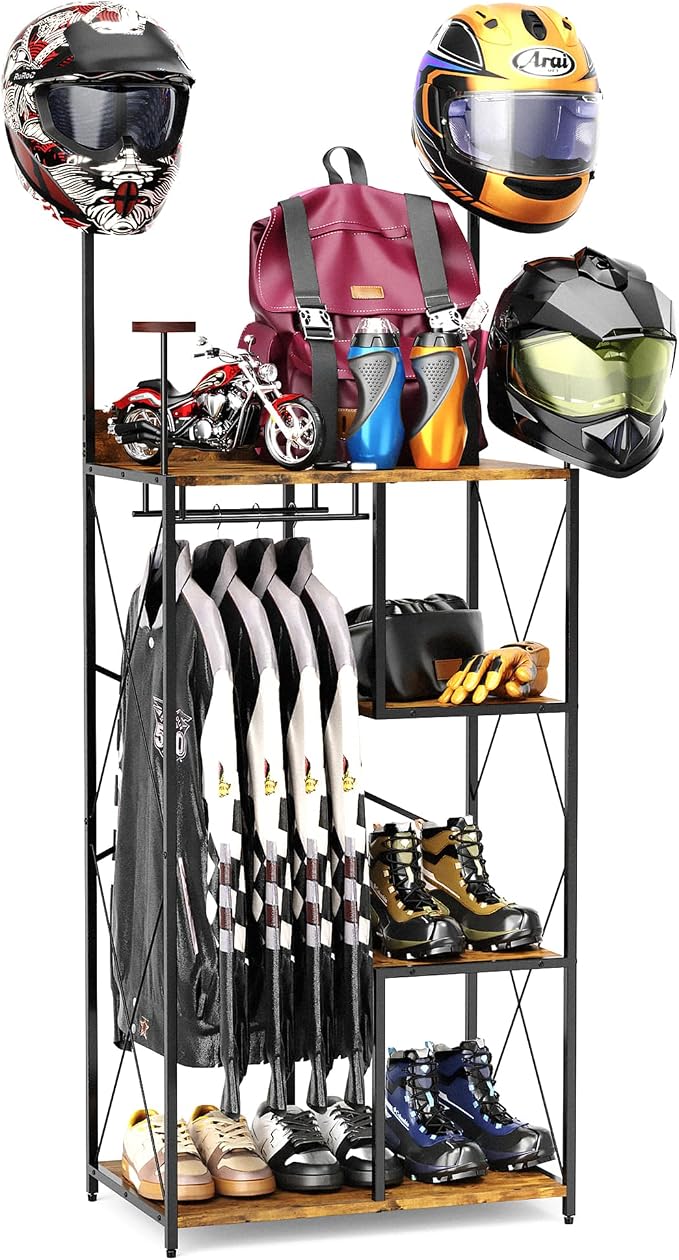 Free Standing Motorcycle Gear Rack, 3 In 1 Storage Motorcycle Helmet Holder | by BEGULF