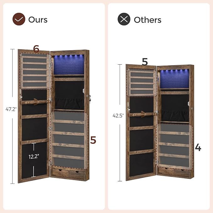 SONGMICS 6 LEDs Mirror Jewelry Cabinet, 47.2-Inch Tall Lockable Wall or Door - Image 7
