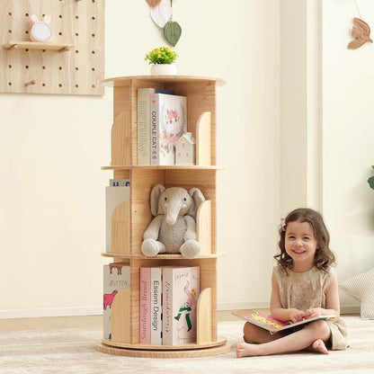 OOOK 3 Tier Rotating Bookshelf Tower, Solid Wood Kids Bookshelf | Large Chassis by OOOK