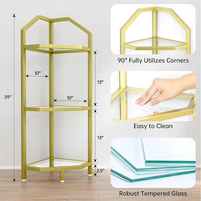 3-Tier Corner Shelf Stand, Bathroom Storage Rack Shelf, Plant Rack, Tempered - Image 3