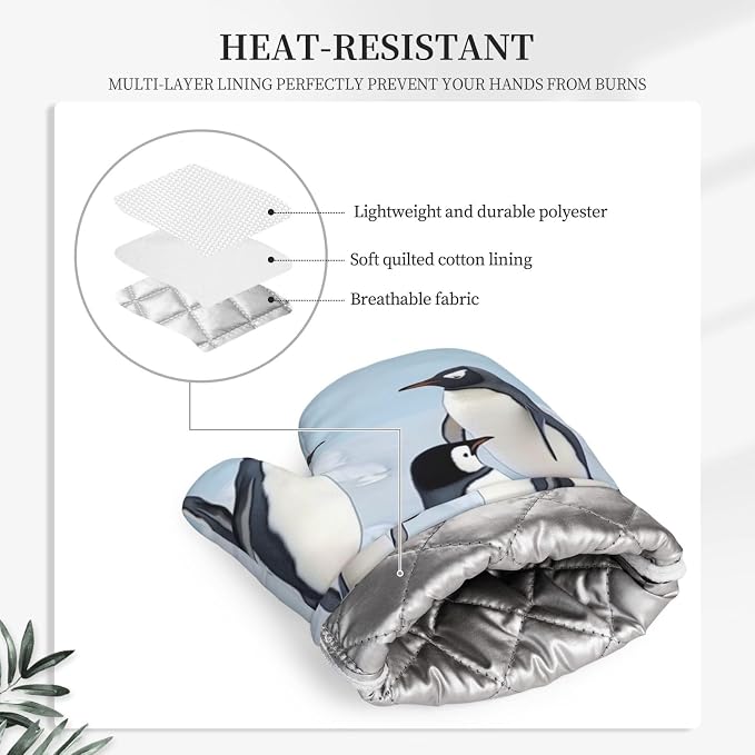 Cute Penguins Print Oven Mitts Set of 2, Heat Resistant Silicone Oven Mittens - Image 5
