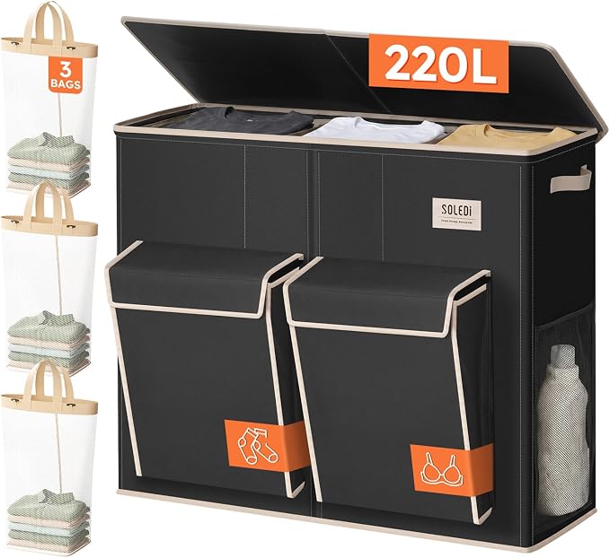 SOLEDI 220L Laundry Hamper 3 Section, Extra Large Laundry Basket by SOLEDI