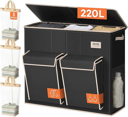 SOLEDI 220L Laundry Hamper 3 Section, Extra Large Laundry Basket by SOLEDI