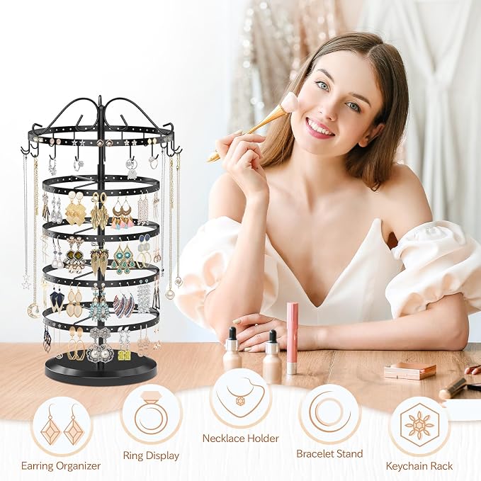 MODOWEY Rotating Jewelry Holder Organizer Stand, 5 Tier Metal Adjustable - Image 2
