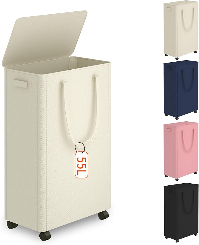 Slim Laundry Hamper with Wheels, 15 Gal Rolling Laundry Basket with lid and by Vincona