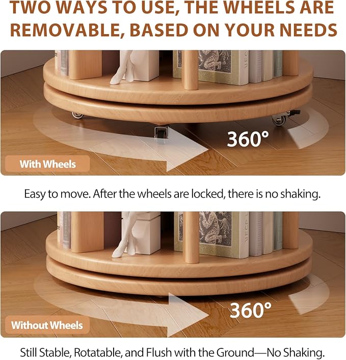 Solid Wood Rotating Bookshelf on Wheels, 5 Tier, Round Revolving Bookcase - Image 5