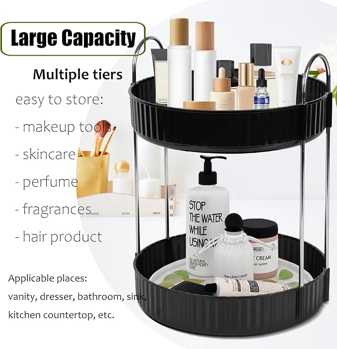 Rotating Makeup Organizer Countertop 2 Tier Lazy Susan Trays Spinning Skincare - Image 3