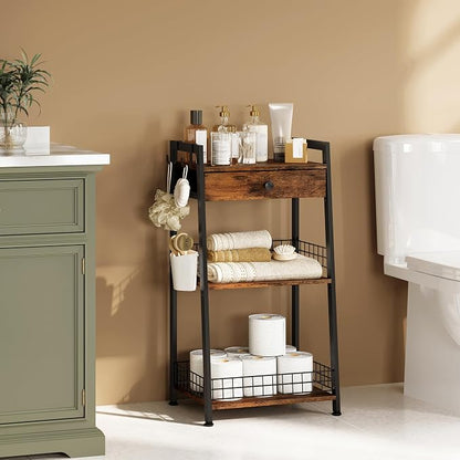 3-Tier Ladder Shelf with Drawer, Bathroom Stand Floor Storage Shelf, - Image 4
