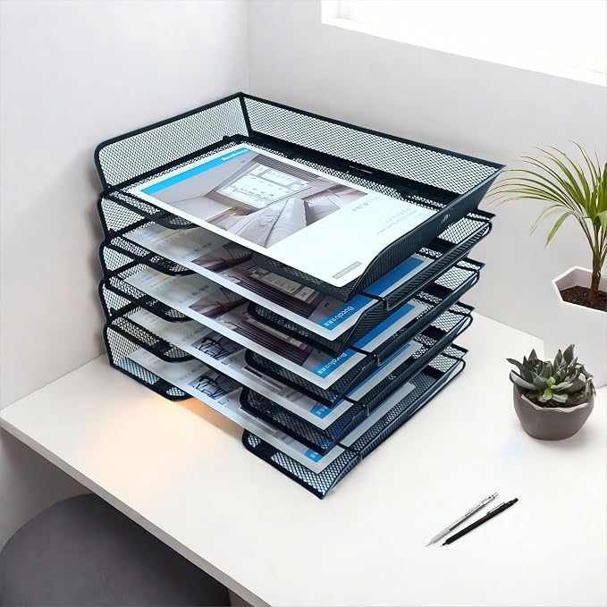 5 Tier Metal Mesh Desk Organizer-Stackable Letter Trays - Image 3
