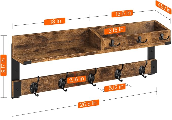 Homode Coat Rack with Shelf, Wall Shelf with Hooks, 26 Inch Long Coat Hanger - Image 7